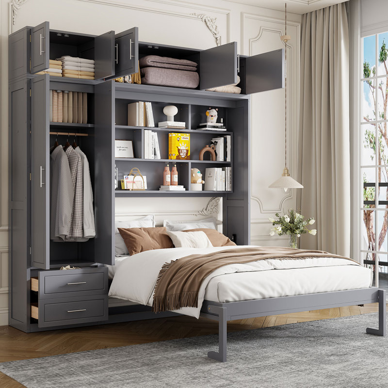 Grand lit escamotable avec garde-robe et armoire, Gris