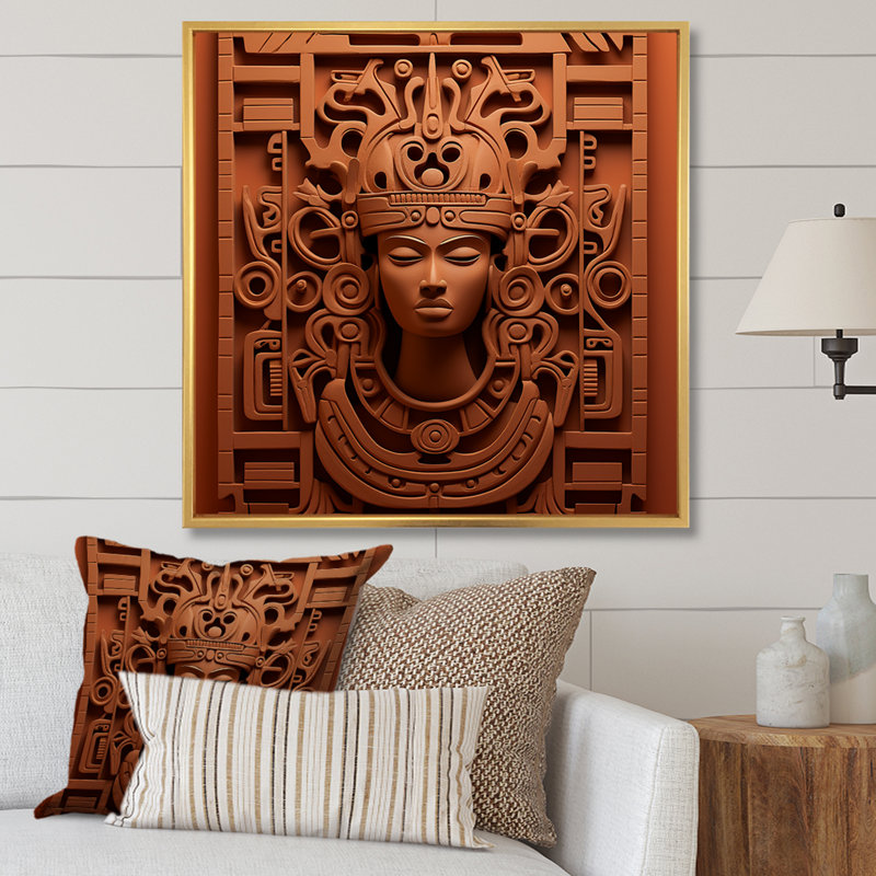 Maya Magic Aztec Mask II - Art mural mexicain, H 16 po x l 16 po x P 1 po, Cadre flottant doré