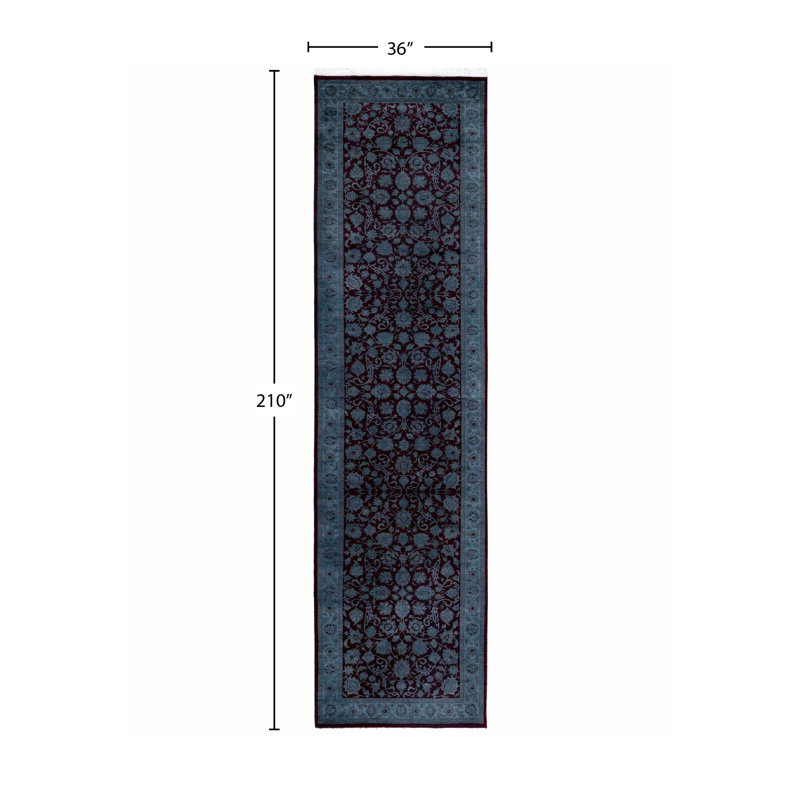 Tapis de couloir noué à la main de conception unique Rachal - vert, 3 pi 0 po x 17 pi 6 po