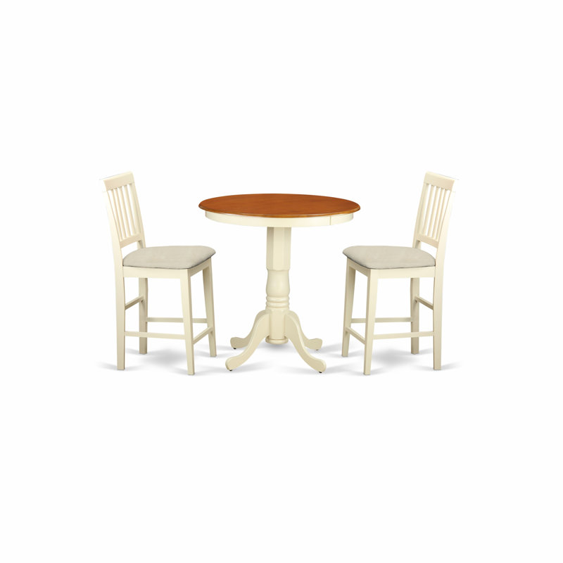3 Piece Kitchen Counter Height Dining Set Contains a Round Dining Room Table with Pedestal and 2 Linen Fabric Chairs, Buttermilk & Cherry