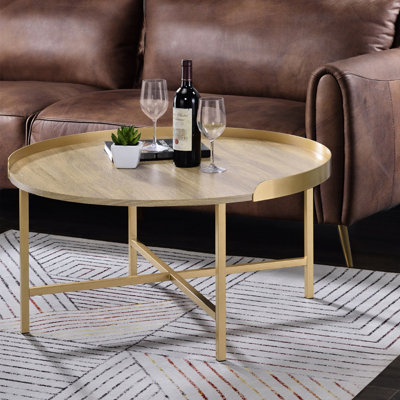 Oak And Gold Tray Style Round Top Coffee Table With Cross Bar Metal Base, 0.75" Thickness, 34" Product Depth, Width, 18" Height Thick Top, 34 Inches 18