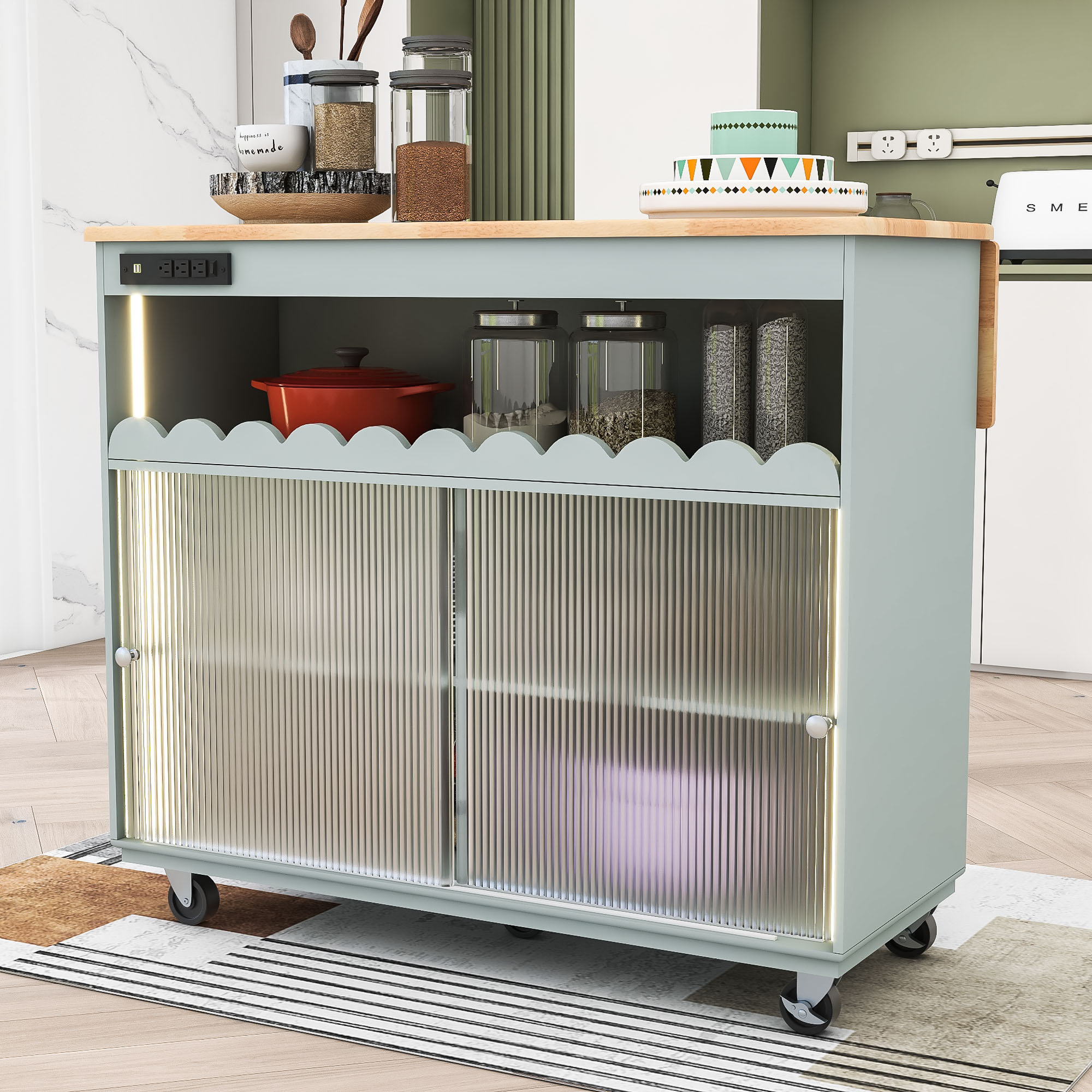 Winston Porter Palmeria Kitchen Island with Drop Leaf and LED Light