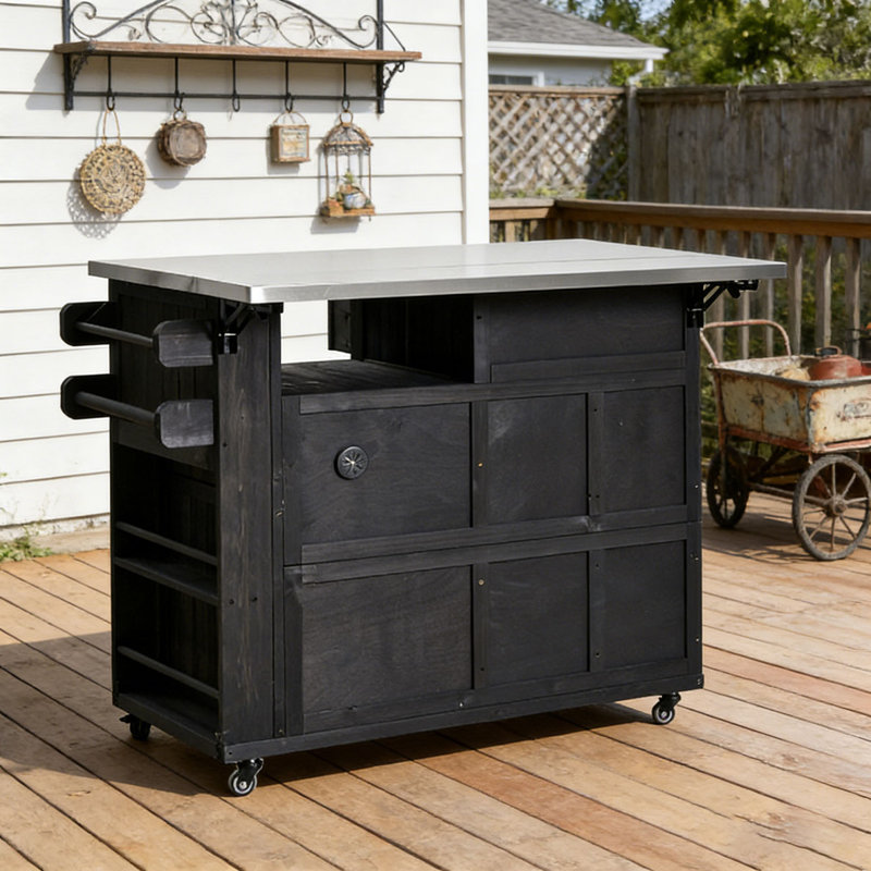 Outdoor Solid Wood Extendable 19.3''/28'' Kitchen Island, Stainless Steel Top Grill Table with Side Spice Rack, Black