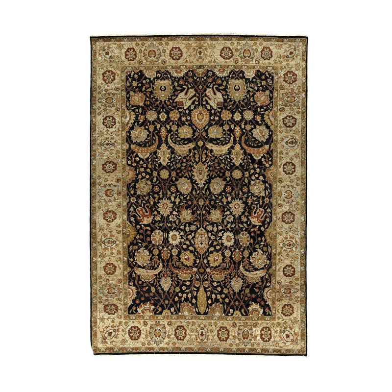Tapis noir / beige en laine noué à la main de conception unique 6 pi 2 po x 9 pi