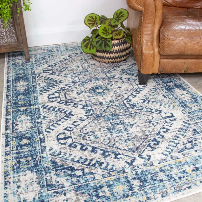 Dreier Machine Woven Blue/Cream/Navy Indoor Rug, Rectangle 60 x 110cm
