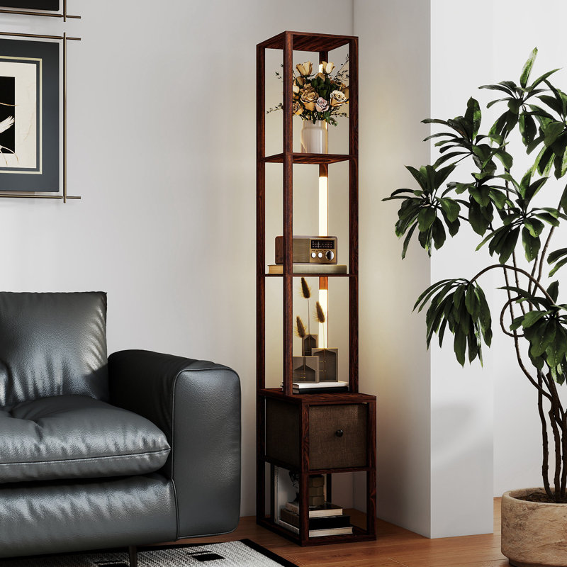  Floor Lamp with Shelves, LED Standing Lamp with Fabric Drawer, Oak, Brown