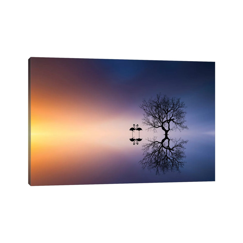 Flamingos In A Lake With A Tree by Bess Hamiti - Wrapped Canvas Print, 20.32 cm H x 30.48 cm W
