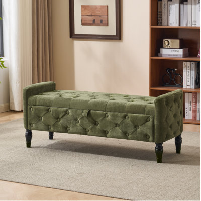 Repose-pieds Royal Windsor de 48 po avec rangement, banc de rangement capitonné avec charnière de sécurité, peut supporter jusqu'à 350 lb, pieds en bois noir, banc rembourré avec accoudoirs pour chambre à coucher, salon, entrée, vert lin