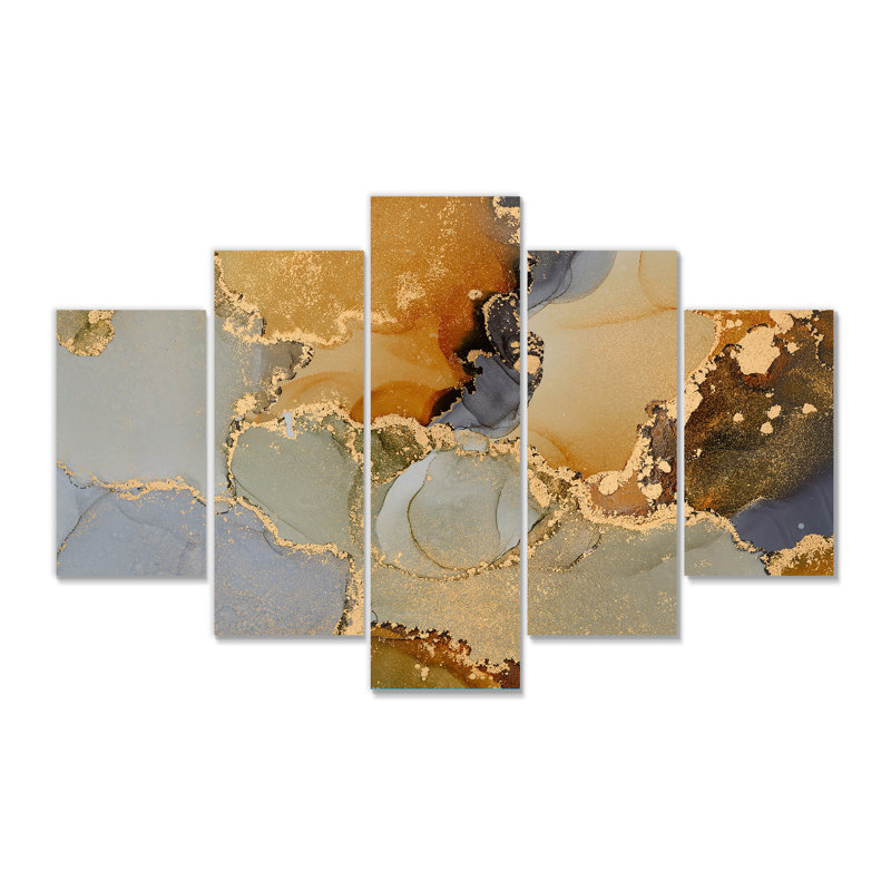 Brun et noir, art abstrait fluide de luxe - reproduction d'art sur toile moderne - 60 x 32 - 5 panneaux