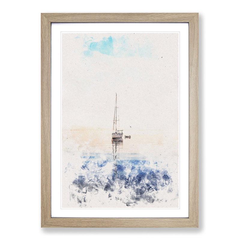 Lone Sailboat - Picture Frame Painting Print, 63cm H x 45cm W x 2cm D, Oak Framed