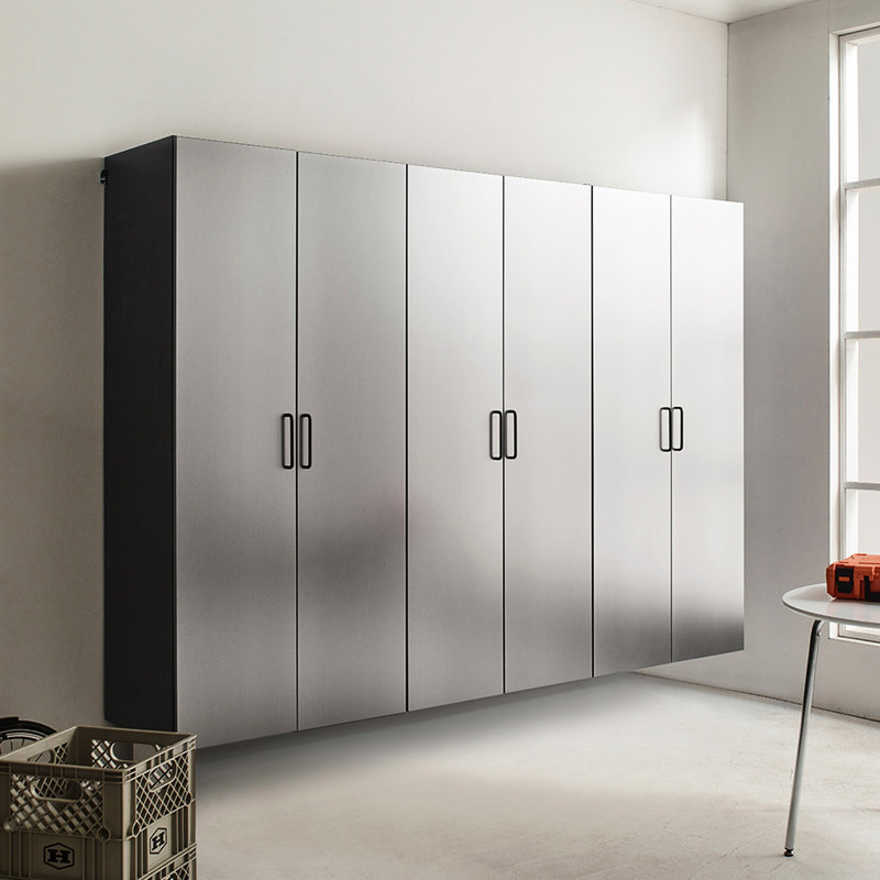 96 po Large armoire de garage D 3 au look gris métallique contemporain - Tiroirs et portes, chauffe-eau, 2X bords plus épais, panneau de qualité E0, système de tablettes, structure métallique robuste l, 79 H, design,