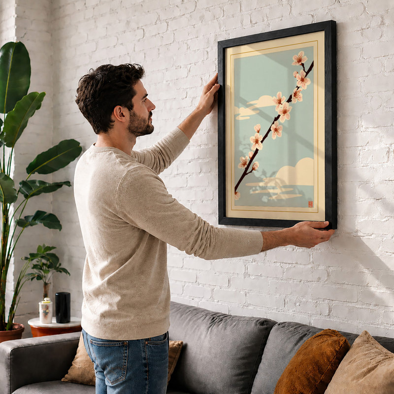 Reaching for Blossoms Japandi - Framed Print, A2 - 59.4 x 42.0 cm, White