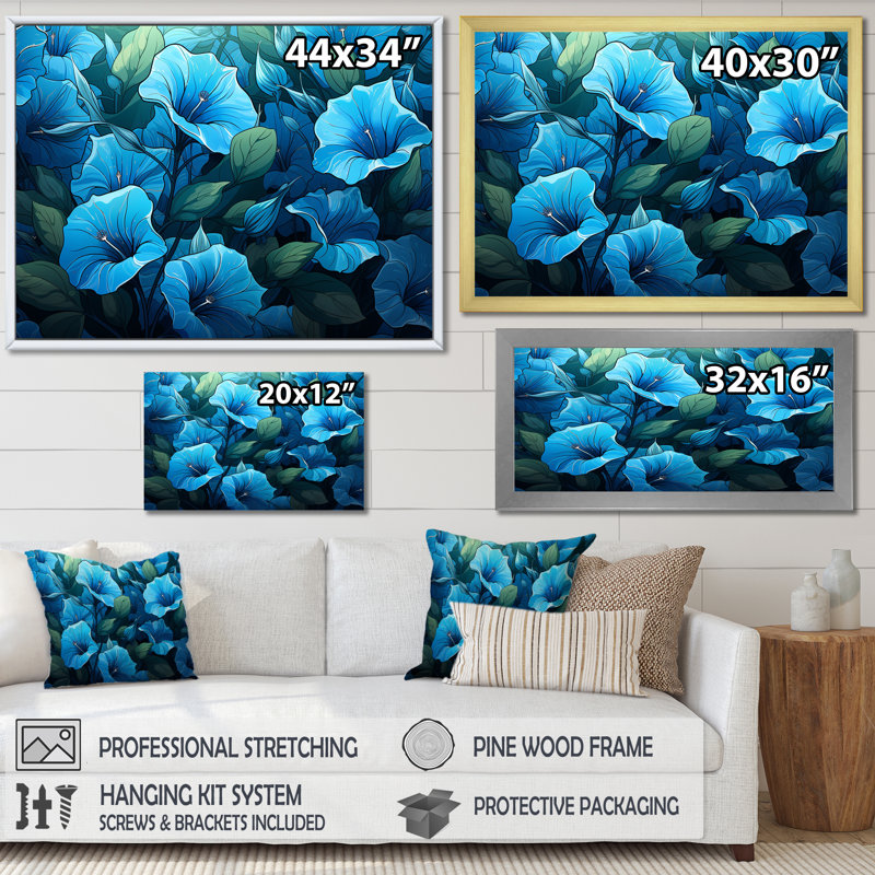 «Blue Morning Glory Blossom Burst - Morning Glory», art mural, Cadre d'angle fermé doré, H 32 po x l 24 po x P 1 po