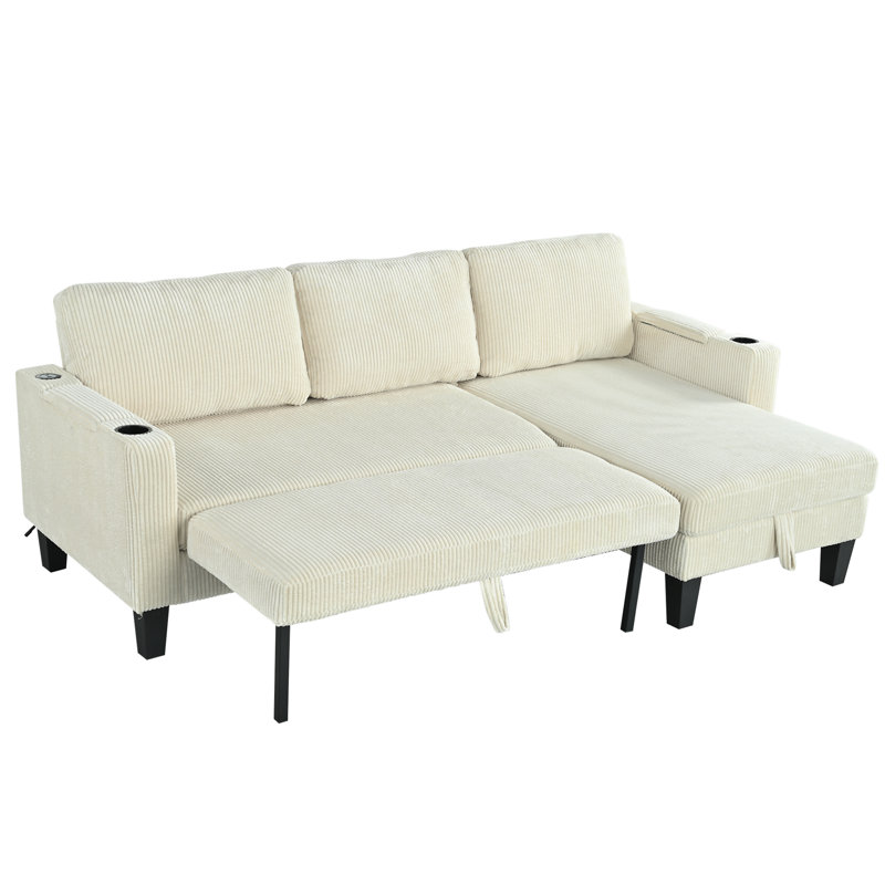 Reversible Sectional Sofa With Storage Chaise, Beige Corduroy