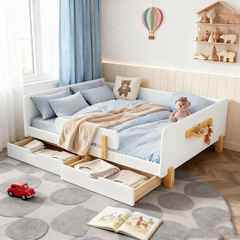 Lit plateforme avec tiroirs de rangement, structure de lit en bois massif avec garde-corps, petite tablette et crochets