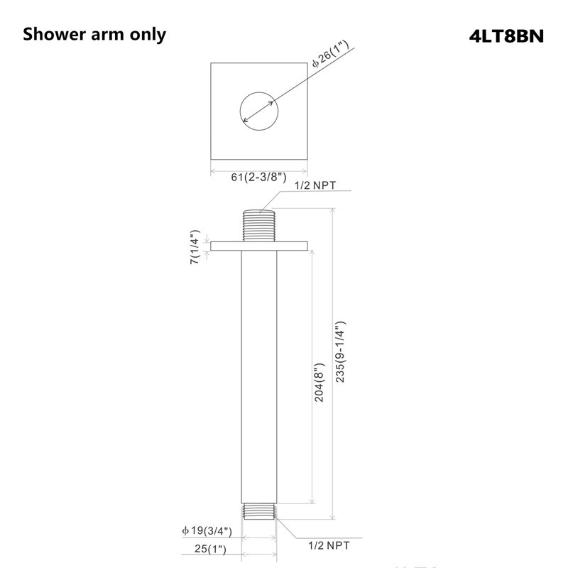 Bras de douche carré en métal 8 po, nickel brossé