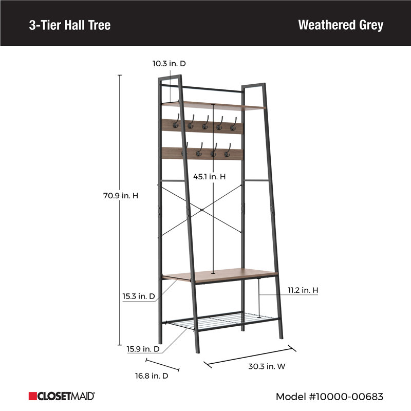 Weathered Gray Steel Hall Tree with Bench and Shoe Storage