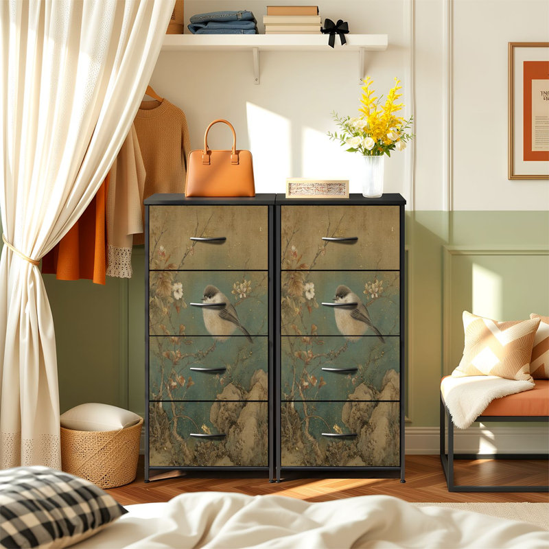 Commode pour la chambre à coucher avec 4 tiroirs de rangement Délicat oiseau perché sur une branche fleurie Commode asiatique traditionnelle pastel doux Commode en tissu avec cadre en acier pour vestibule