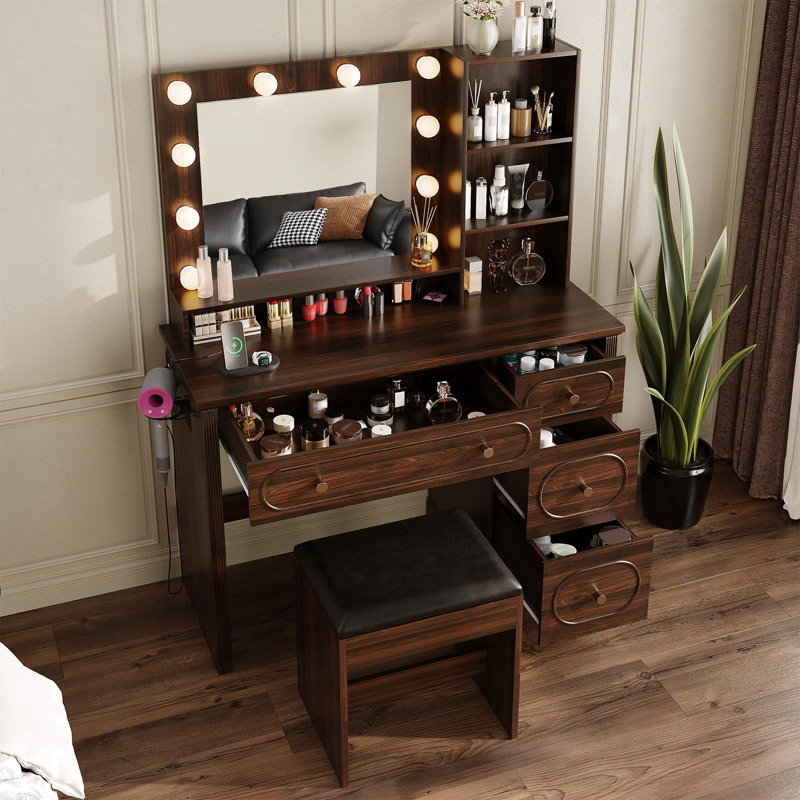42" W Walnut Makeup Vanity Desk With Mirror And Lights And Charging Station