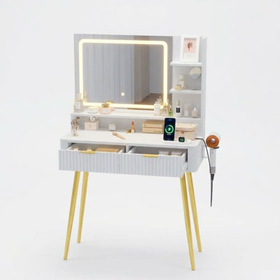 Modern LED Vanity Desk, 31.5×13.8×52.0 Inches (80×35×132cm) Particleboard, Makeup Vanity with 3-Color LED Mirror, 2 Drawers & Built-in Charging Station