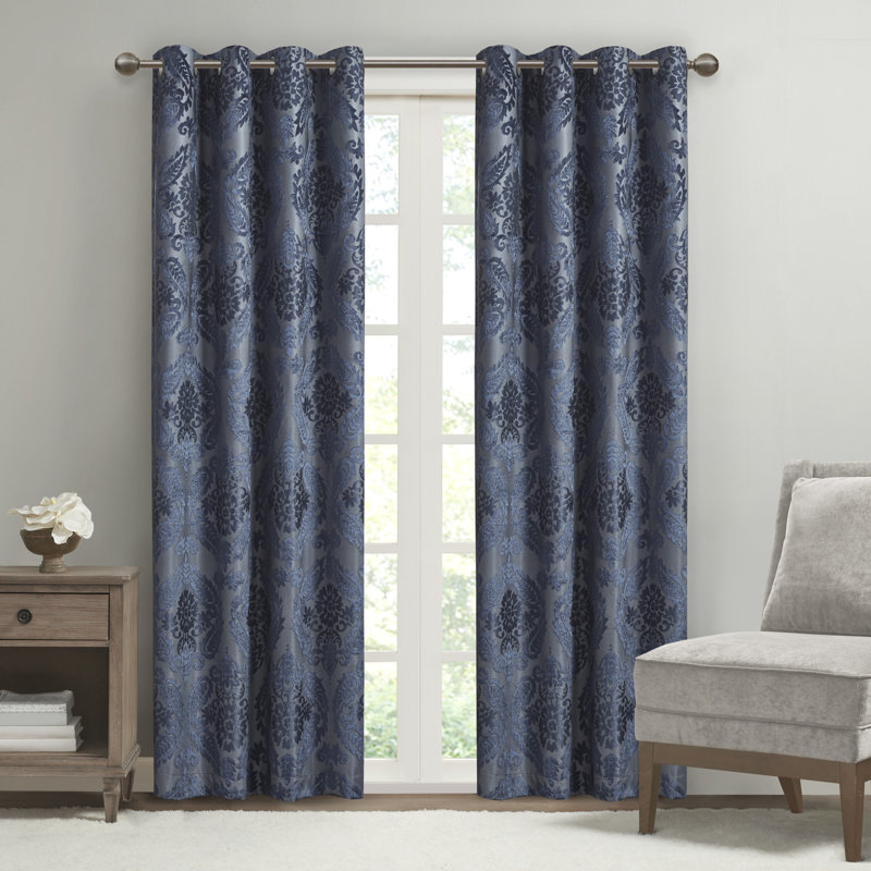 Amelia Knitted Jacquard Paisley Total Blackout Grommet Top Single Curtain Panel, 50" W x 84" L, Navy