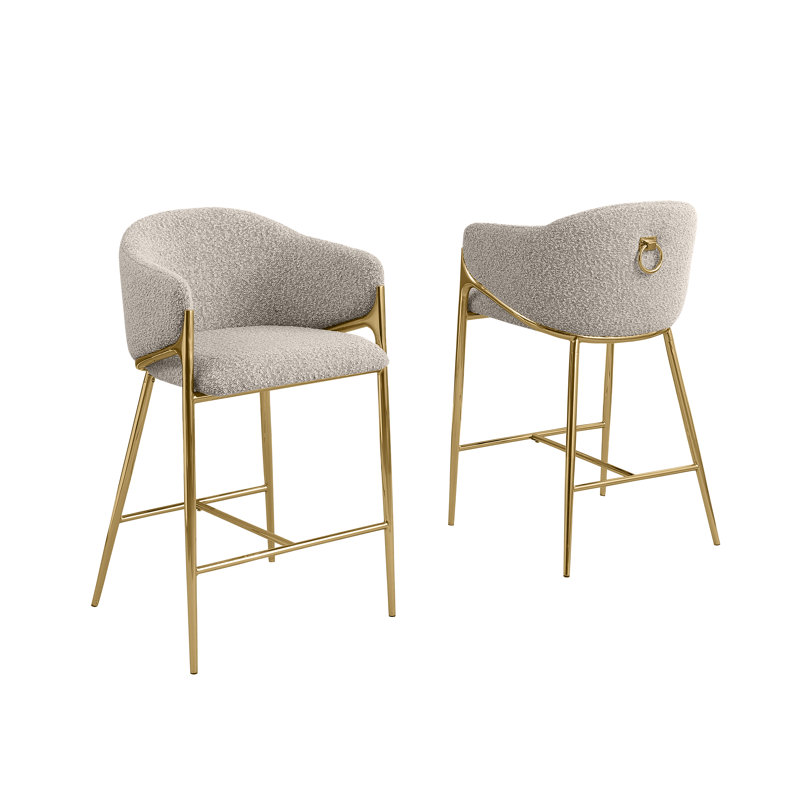 Tabourets de bar en tissu Teddy Boucle, Tabouret de comptoir (siège d'une hauteur de 26 p, Siège gris / cadre doré