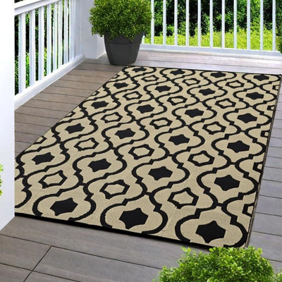 Waterproof Outdoor Rugs 9x12 ft, Durable Plastic Straw Carpet for Patio, Boho Reversible Floor Carpet Balcony Rug for Camping Tent RV, Grey & White