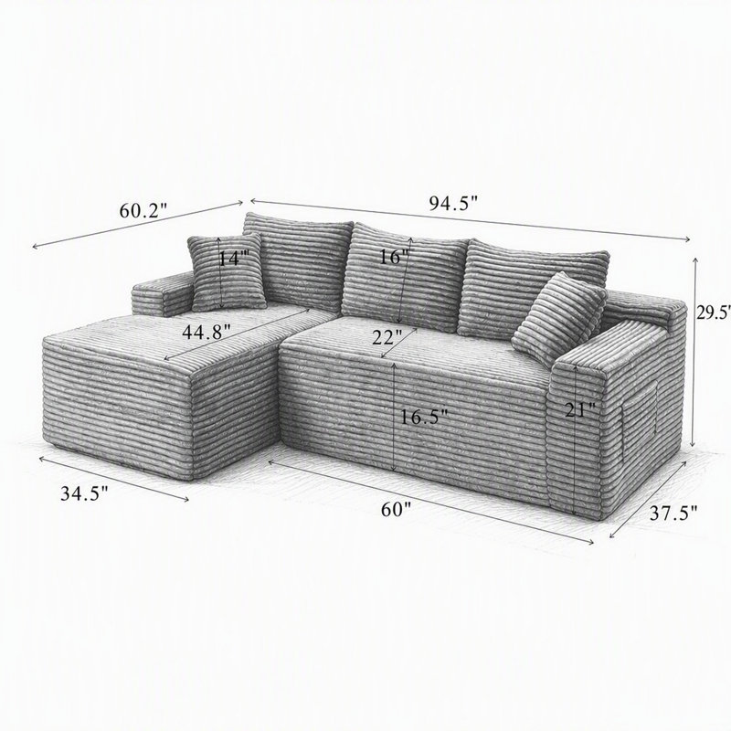Canapé d'angle modulaire Cloud de 94,5 pouces (240 cm) au design minimaliste moderne, avec méridienne en L et assise profonde, idéal pour le salon et la chambre à coucher. Aucun assemblage requis.