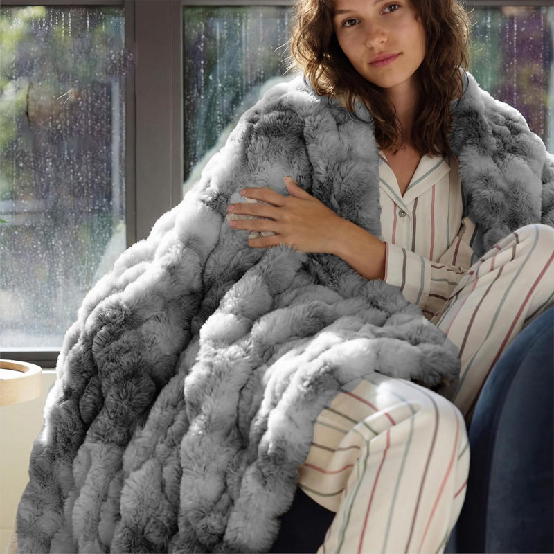 Tie-Dye Faux Rabbit Fur & Flannel Weighted Throw Blanket, Ultra Soft & Cozy for Sofa Couch Bed, Tie-Dye-Grey, 150cm x 180cm