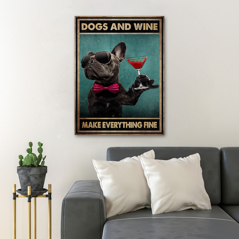«Black Dog Drinks Wine» - «Dogs And Wine Make Everything Fine Gallery», toile tendue - Illustration animalière, décor de salon noir et rouge