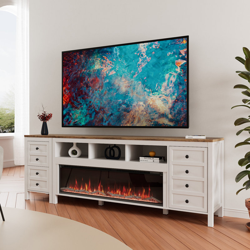 83 Inch Fireplace Tv Stand For Tvs Up To 95 Inch,Farmhouse Entertainment Center With 50" Electric Fireplace,White Tv Console With Storage Cabinets For Living Room