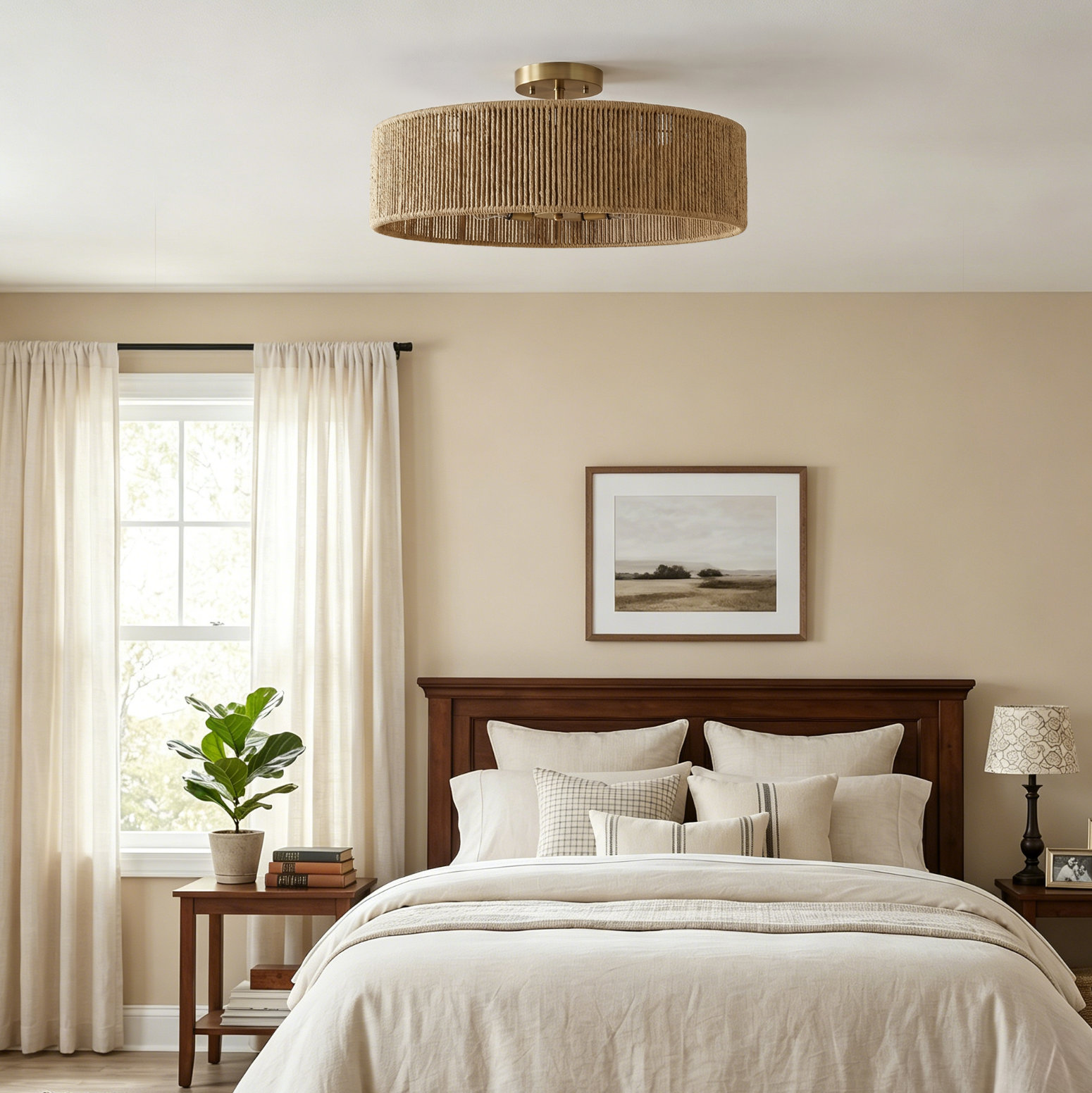 24''-5 Lights Polished Brass Boho/Natural Farmhouse Rattan Drum Dimmabled Semi-Flush Mount For Bedroom/Living room