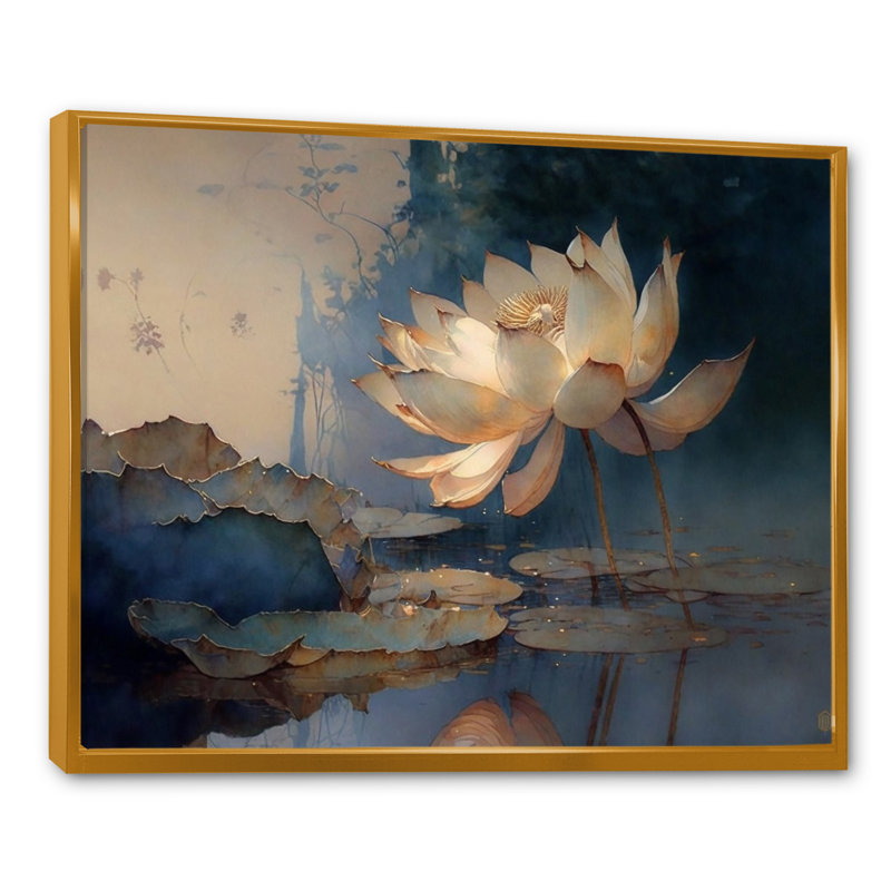Blanc rétro lotus à l'aube - art mural encadré de lotus, H 12 po x l 20 po x P 1 po, Cadre flottant doré