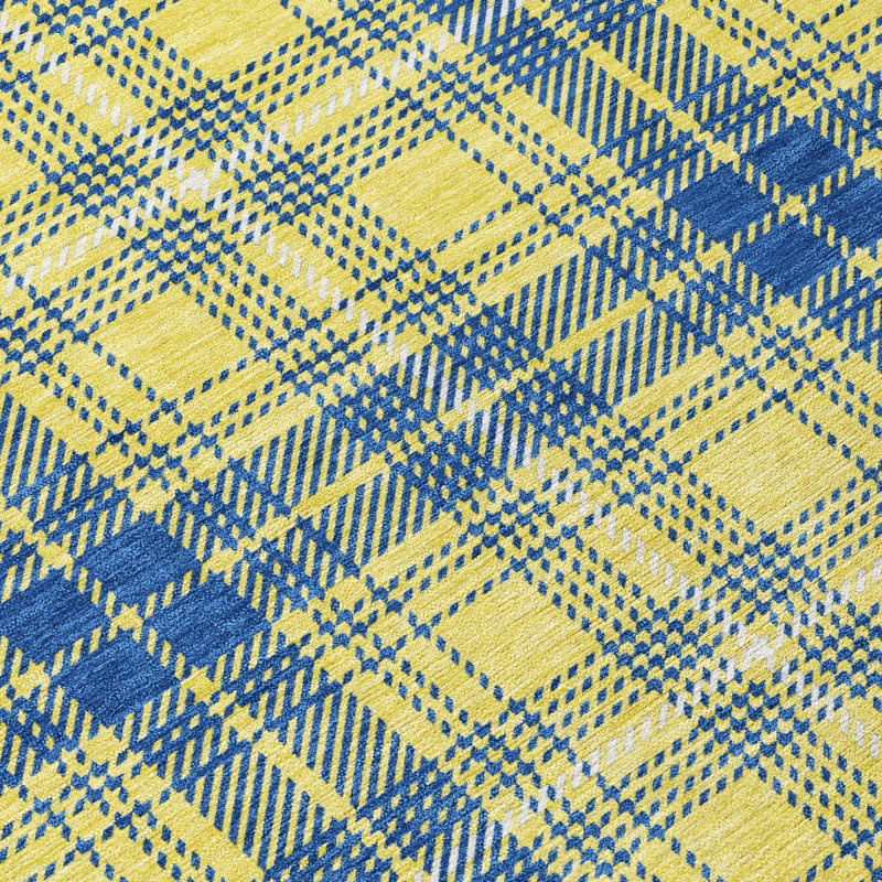 Yellow and Blue Plaid Washable Synthetic Rug, 3' x 5'