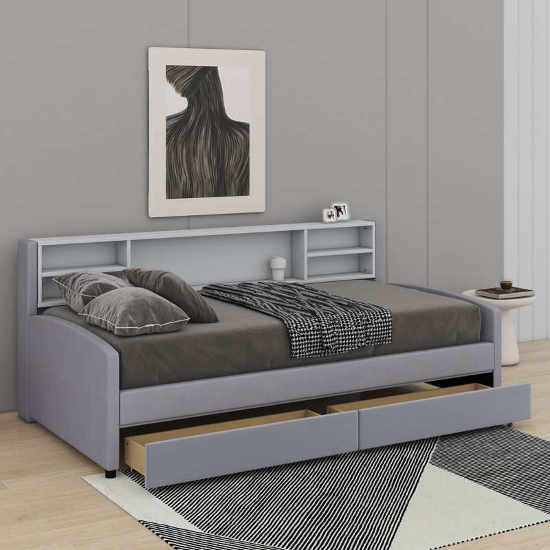 Lit plateforme simple tapissier avec tiroirs, Gris