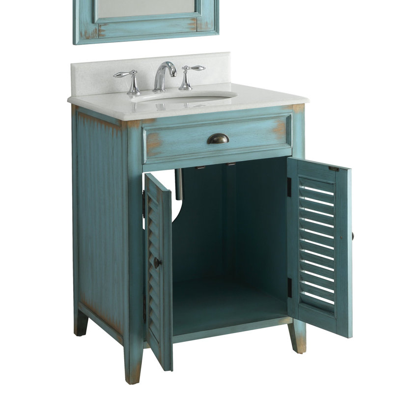 Benton Collection 26 Inch Cottage Freestanding Distressed Blue Abbeville Bathroom Vanity, Single Sink, Marble Top, Fully Assembled