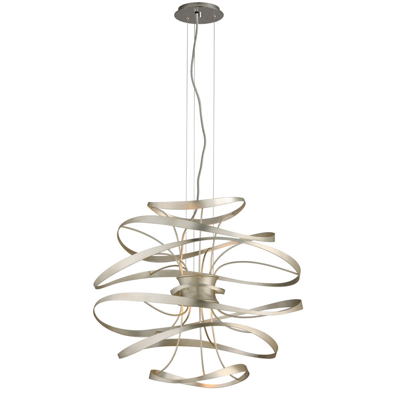 Calligraphy 2 - Light Unique Geometric LED Chandelier, 31.25" H x 34" W x 34" D, Silver Leaf with Polished Stainless Accents