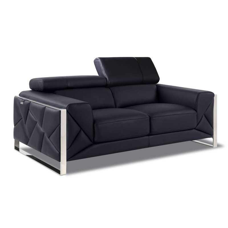 Black Genuine Leather Loveseat with Adjustable Headrests, Black