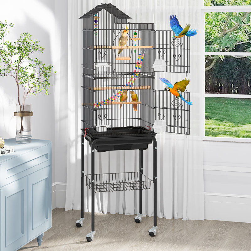 Large Black Metal Bird Cage with Rolling Stand and Toys