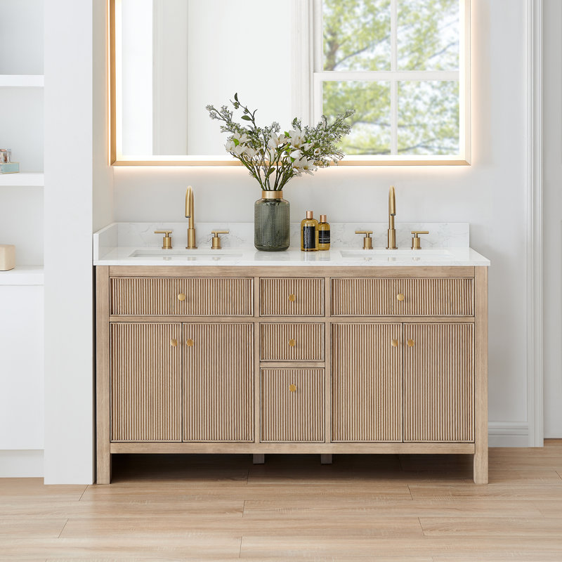 Lala 60" Double Bathroom Vanity with Grain White Engineered Stone Countertop without Mirror, Nature Oak