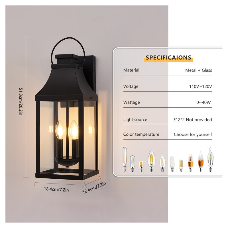 20" Modern Black Outdoor Wall Sconce, 2-Pack Weather-Resistant Exterior Porch Light Fixtures with Clear Glass