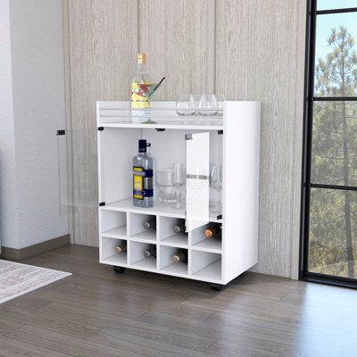 Chariot-bar à 8 tablettes en blanc avec double porte vitrée