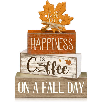 4 Pcs Fall Block Signs, Wooden Farmhouse Tiered Tray Decor | Stackable Rustic Wood Blocks with Maple Leaf Topper, Coffee Happiness Quote, Perfect for Tabletop Mantel Shelf Display