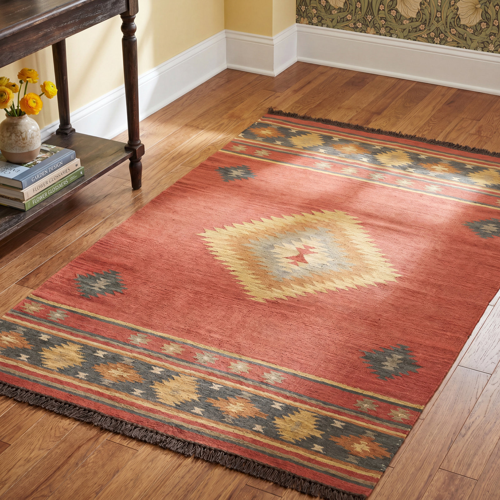 Mystica Handmade Wool Dark Red/Navy/Wheat Rug, Rectangle 6' x 9'