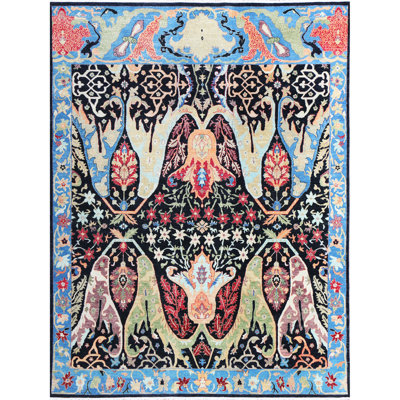 Hand Knotted Wool Area Rug in Black And Blue
