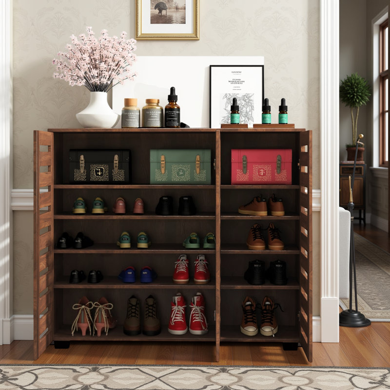 4-Tier Storage Shoe Cabinet with Louvered Doors, Brown