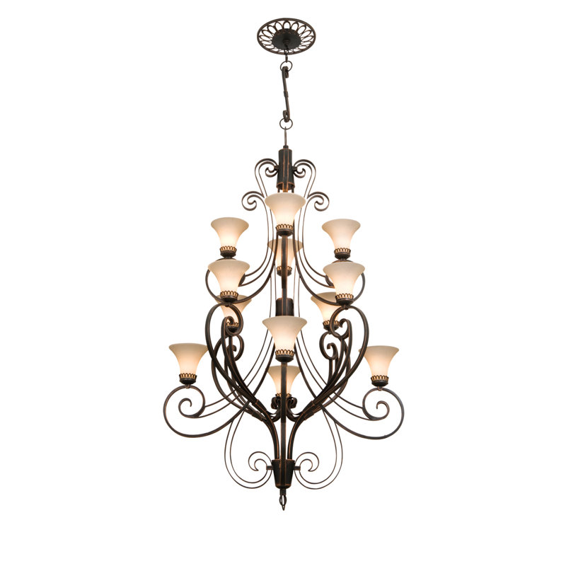Lustre classique/traditionnel 12 lumières ombrées Mirabelle, Cuivre antique, Pierre - 1576