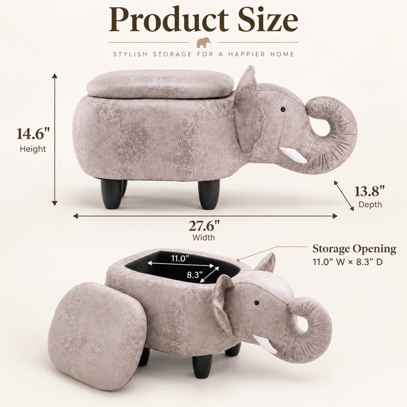 Pouf de rangement éléphant avec compartiment caché et tissu doux imitation cuir