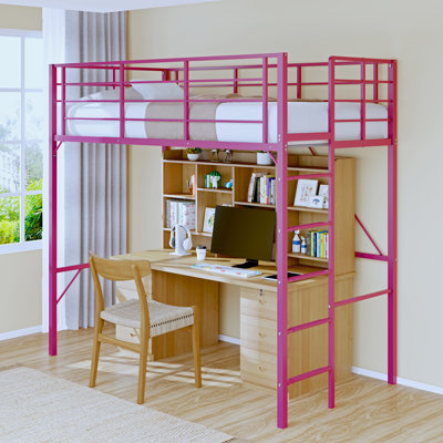 Lit mezzanine simple en métal avec garde-corps de 18 po de hauteur, échelle amovible, peu encombrant, silencieux, sans sommier tapissier, rose