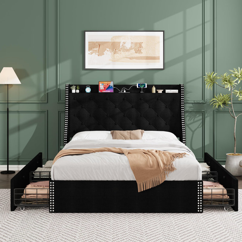 Structure de lit double pleine grandeur avec tiroirs de rangement, tête de lit capitonnée à oreilles, station de charge intégrée (Type-C et USB), plateforme robuste, aucune boîte de floraison nécessaire, assemblage facile, noir